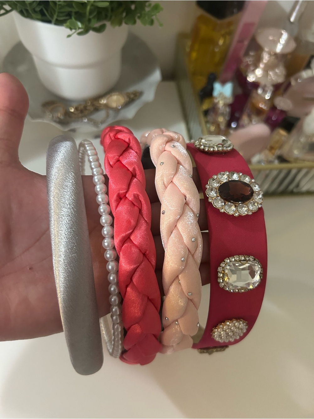 Set of 4 Women's Fashion Headbands in Silver, Pink